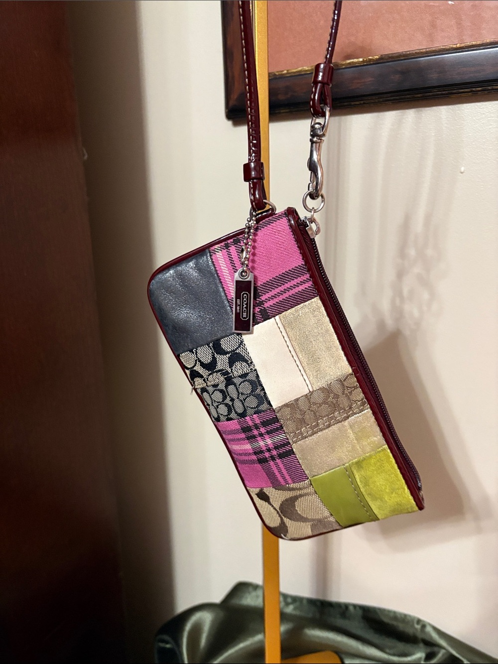 Coach Pink Multi Patchwork Wristlet with Green Accent